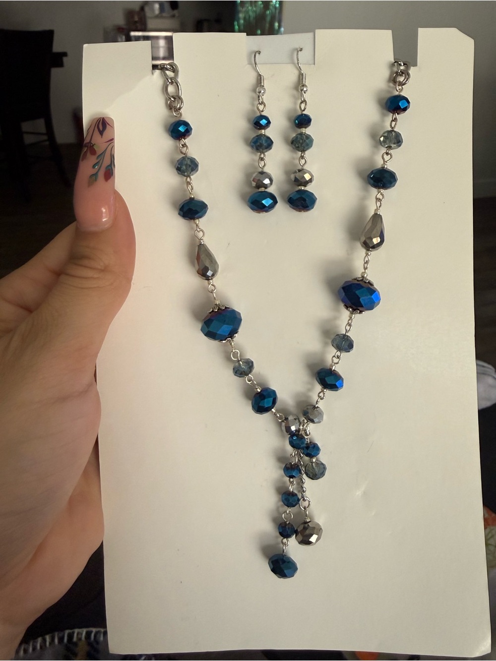 Blue Crystal Drop Necklace and Earring Set - Women Jewelry